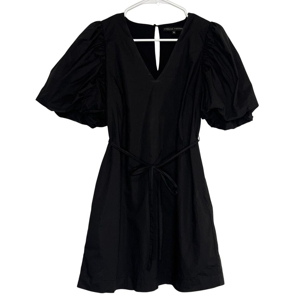 English Factory Dress Size XS Black Puff Sleeves Mini Tie Waist Cotton Party